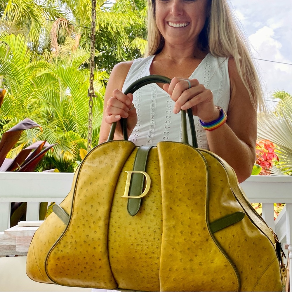 Christian Dior Ostrich Saddle Green Bowler Bag - Picture 1 of 16